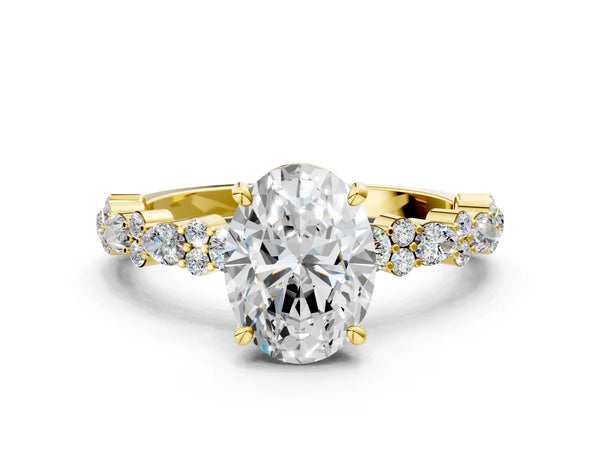 1 Carat Oval Cut Yellow gold Diamond Side Stone Solitaire Ring with Round and Four-Prong Setting