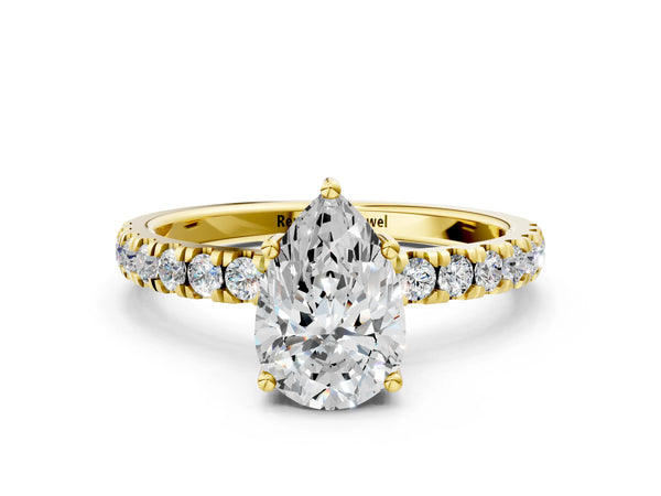 1 Carat Pear Cut Yellow gold Diamond Pave Band Solitaire Ring with Round  and Prong Setting