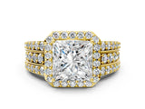 Yellow gold 1 Carat Princess Cut Halo  Ring with Split Shank and Four-Prong Setting