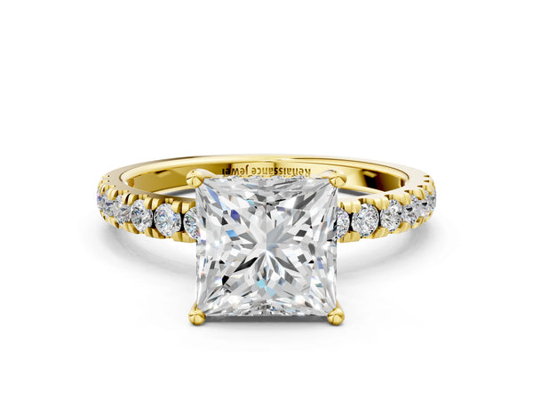 1 Carat Princess Cut Yellow gold Diamond Pave Band Solitaire Ring with Round  and Prong Setting