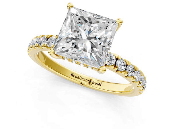 1 Carat Princess Cut Yellow gold Diamond Pave Band Solitaire Ring with Round  and Prong Setting