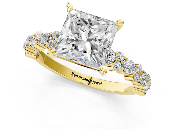 1 Carat Princess Cut Yellow gold Diamond Side Stone Solitaire Ring with Round and Four-Prong Setting