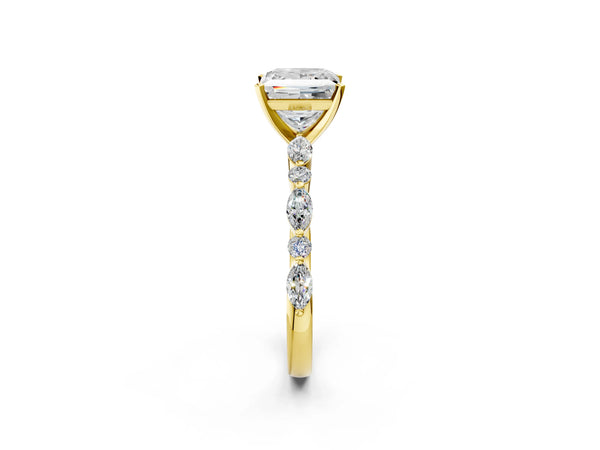 1 Carat Princess Cut Yellow gold Diamond Ring with Marquise and Round Side Stones and Four-Prong Setting