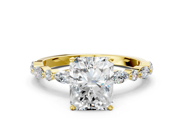 1 Carat Radiant Cut Yellow gold Diamond Ring with Marquise and Round Side Stones and Four-Prong Setting