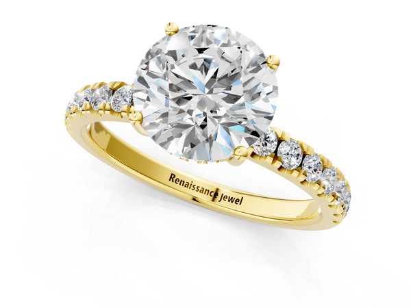 1 Carat Round Cut Yellow gold Diamond Pave Band Solitaire Ring with Round  and Prong Setting