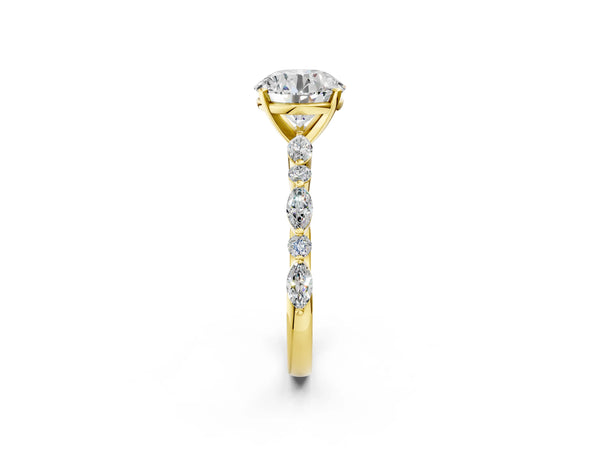 1 Carat Round Cut Yellow gold Diamond Ring with Marquise and Round Side Stones and Four-Prong Setting
