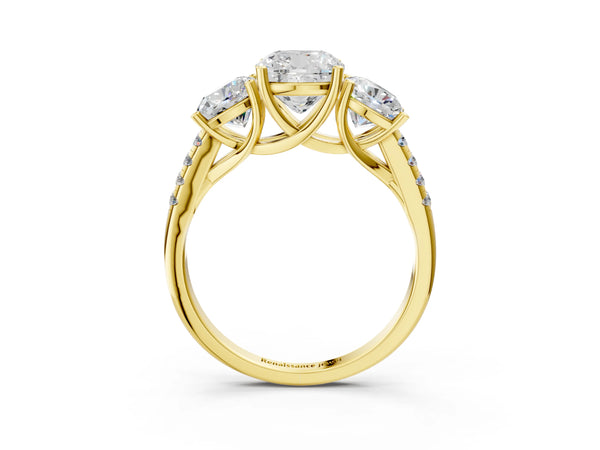 Yellow gold 1 Carat Three-Stone Cushion Cut Diamond Ring with Round  Pavé Band and Prong Setting