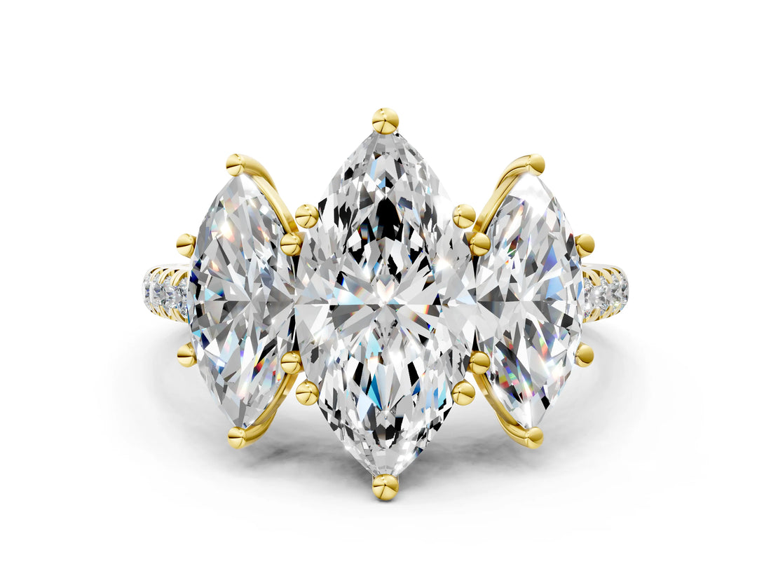 Yellow gold 1 Carat Three-Stone Marquise Cut  Ring with Pavé Band and Prong Setting