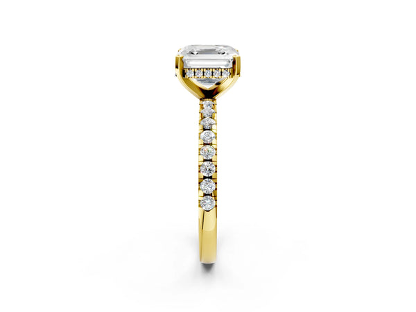1.5 Carat Asscher Cut Yellow gold Diamond Solitaire Ring with Round  Pavé Band and Four-Prong Setting