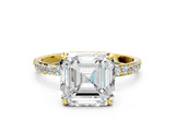 Yellow gold 1.5 Carat Asscher Cut  Solitaire Ring with Pave Band and Four Prong Setting
