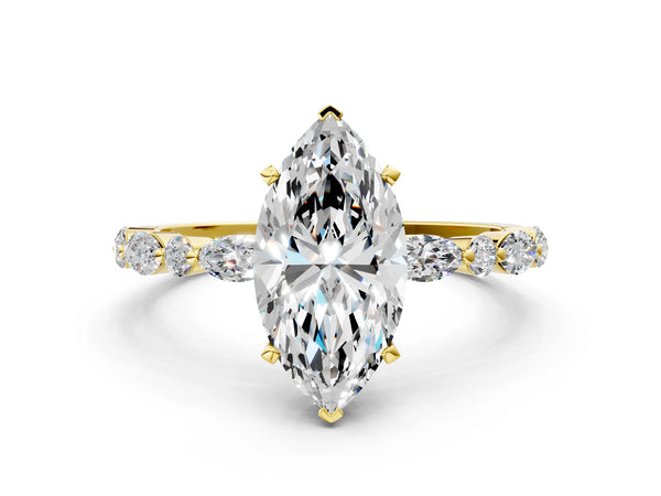 10K Yellow Gold 1.51 Carat F VS1 Marquise Diamond Ring with Marquise and Round Side Stones and Four-Prong Setting