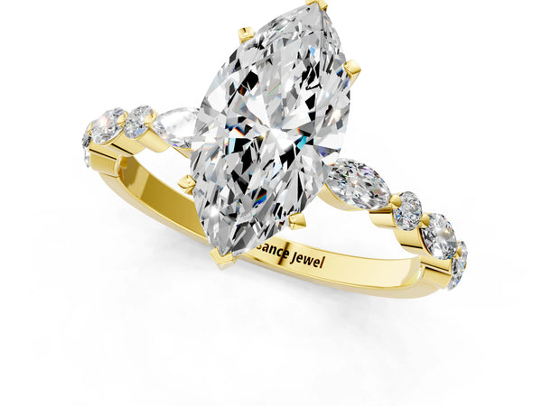 10K Yellow Gold 1.51 Carat F VS1 Marquise Diamond Ring with Marquise and Round Side Stones and Four-Prong Setting