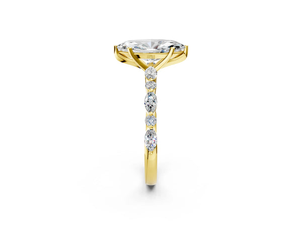 10K Yellow Gold 1.51 Carat F VS1 Marquise Diamond Ring with Marquise and Round Side Stones and Four-Prong Setting