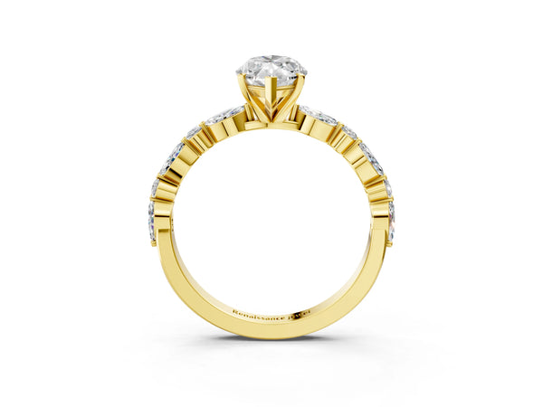 10K Yellow Gold 1.51 Carat F VS1 Marquise Diamond Ring with Marquise and Round Side Stones and Four-Prong Setting