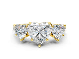 Yellow gold 1.5 Carat Three-Stone Heart Cut  Ring with Pavé Band and Prong Setting