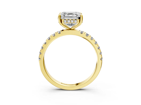 2 Carat Asscher Cut Yellow gold Diamond Pave Band Solitaire Ring with Round  and Prong Setting