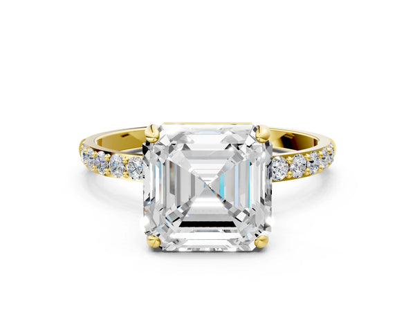 2 Carat Asscher Cut Yellow gold Diamond Solitaire Ring with Round  Pavé Band and Prong Setting