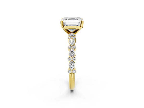2 Carat Asscher Cut Yellow gold Diamond Side Stone Solitaire Ring with Round and Four-Prong Setting