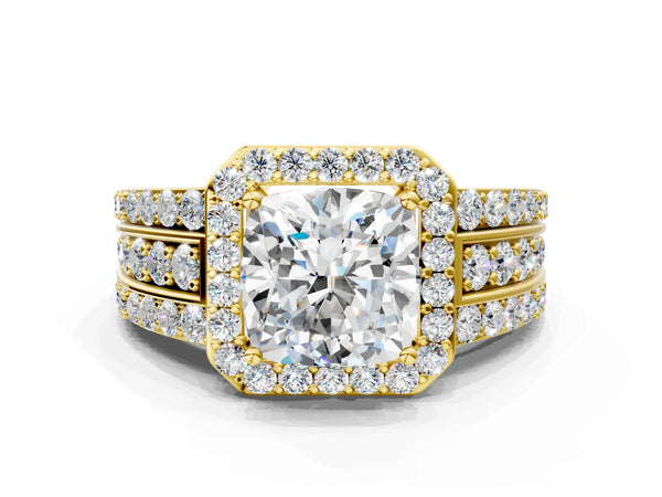 2 Carat Cushion Cut Yellow gold Halo Diamond Ring with Round  Split Shank and Prong Setting