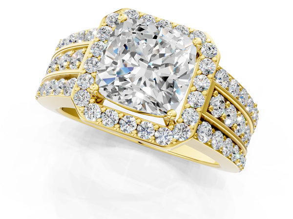 2 Carat Cushion Cut Yellow gold Halo Diamond Ring with Round  Split Shank and Prong Setting