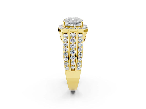 2 Carat Cushion Cut Yellow gold Halo Diamond Ring with Round  Split Shank and Prong Setting