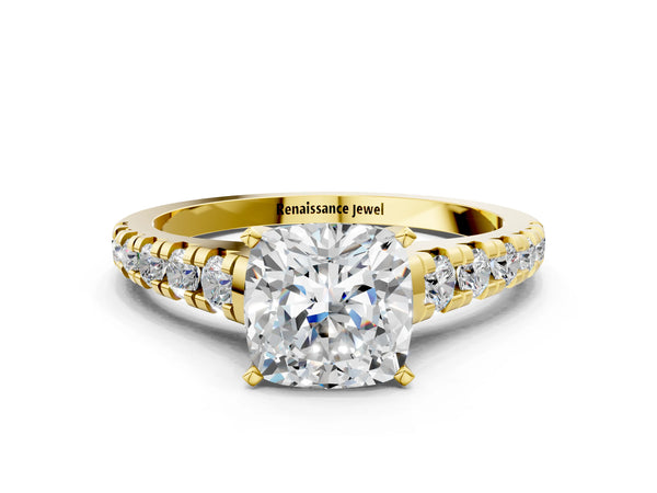 2 Carat Cushion Cut Yellow gold Diamond Cathedral Solitaire Ring with Round  Pavé Band