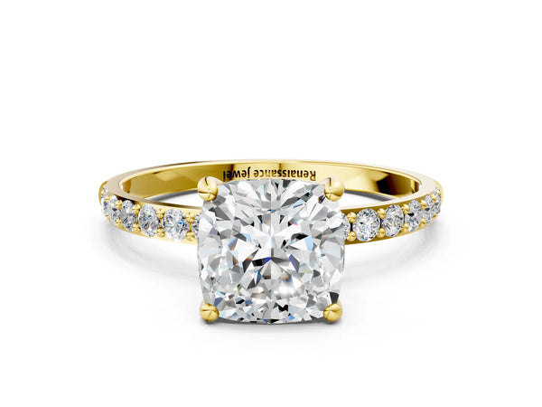 2 Carat Cushion Cut Yellow gold Diamond Solitaire Ring with Round  Pavé Band and Prong Setting