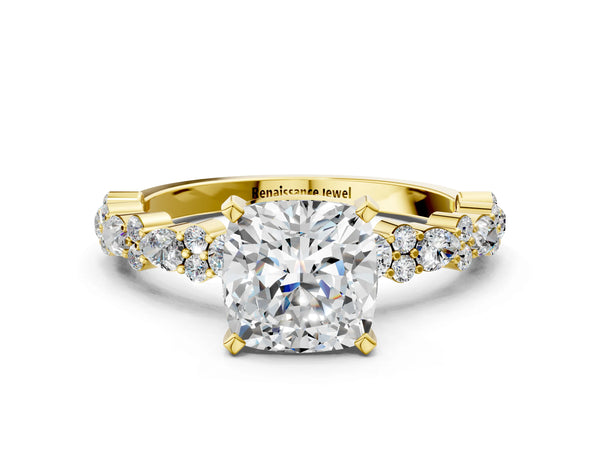 2 Carat Cushion Cut Yellow gold Diamond Side Stone Solitaire Ring with Round and Four-Prong Setting