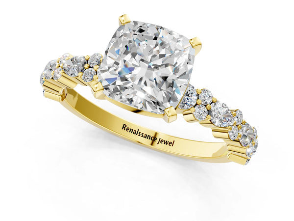 2 Carat Cushion Cut Yellow gold Diamond Side Stone Solitaire Ring with Round and Four-Prong Setting