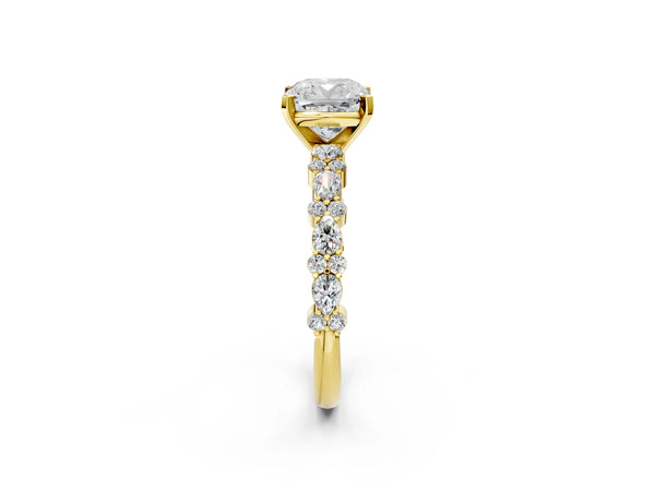 2 Carat Cushion Cut Yellow gold Diamond Side Stone Solitaire Ring with Round and Four-Prong Setting