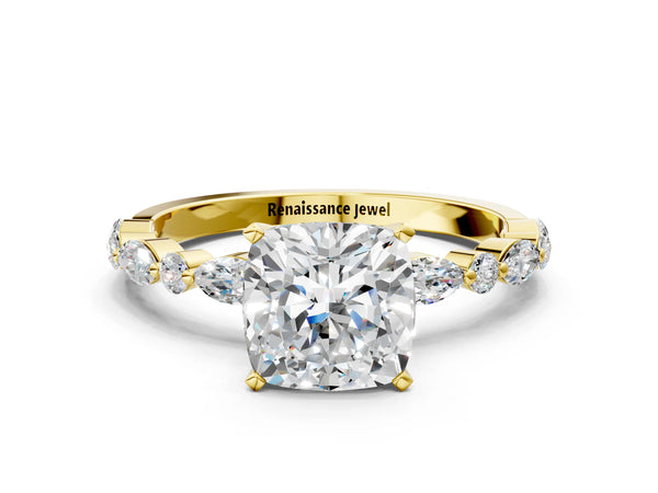 2 Carat Cushion Cut Yellow gold Diamond Ring with Marquise and Round Side Stones and Four-Prong Setting