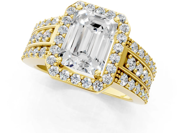 2 Carat Emerald Cut Yellow gold Halo Diamond Ring with Round  Split Shank and Prong Setting