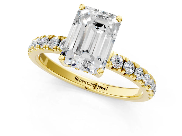 2 Carat Emerald Cut Yellow gold Diamond Pave Band Solitaire Ring with Round  and Prong Setting