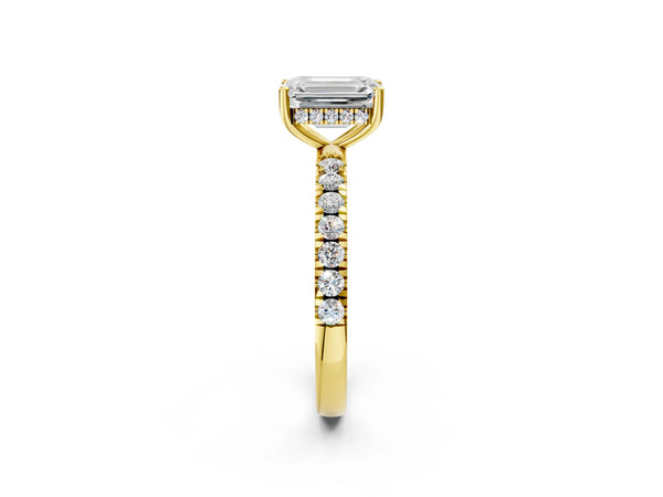2 Carat Emerald Cut Yellow gold Diamond Pave Band Solitaire Ring with Round  and Prong Setting