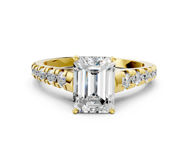 Yellow gold 2 Carat Emerald Cut Diamond Cathedral Solitaire Ring with Round  Pavé Band