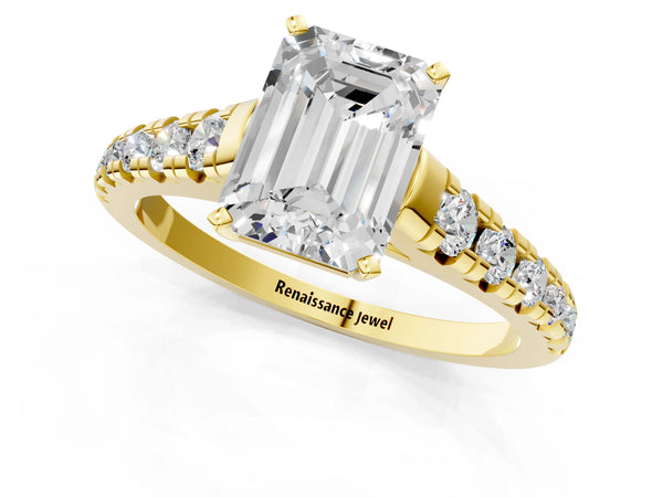 Yellow gold 2 Carat Emerald Cut Diamond Cathedral Solitaire Ring with Round  Pavé Band