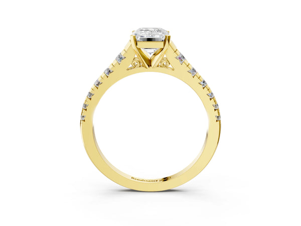 Yellow gold 2 Carat Emerald Cut Diamond Cathedral Solitaire Ring with Round  Pavé Band