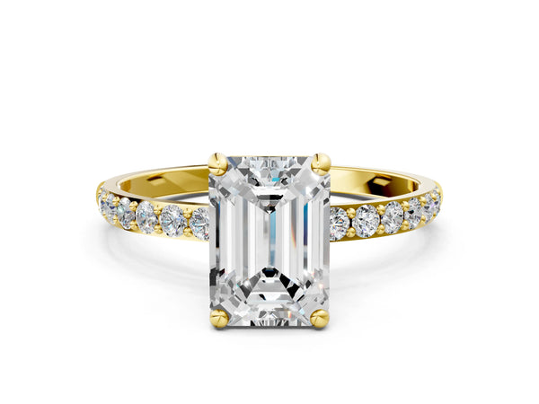 2 Carat Emerald Cut Yellow gold Diamond Solitaire Ring with Round  Pavé Band and Prong Setting