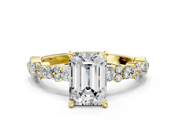2 Carat Emerald Cut Yellow gold Diamond Side Stone Solitaire Ring with Round and Four-Prong Setting