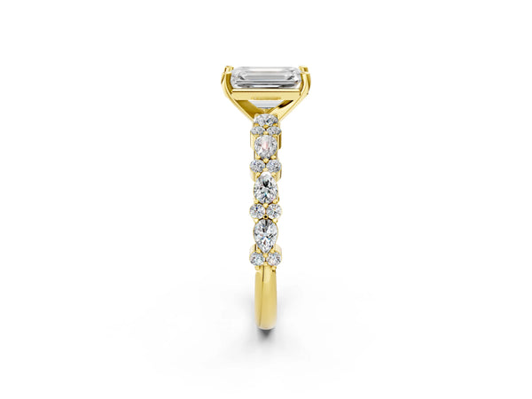 2 Carat Emerald Cut Yellow gold Diamond Side Stone Solitaire Ring with Round and Four-Prong Setting