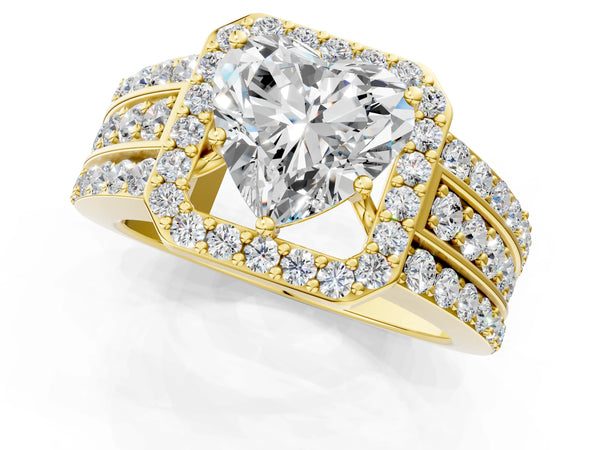 2 Carat Heart Cut Yellow gold Halo Diamond Ring with Round  Split Shank and Prong Setting