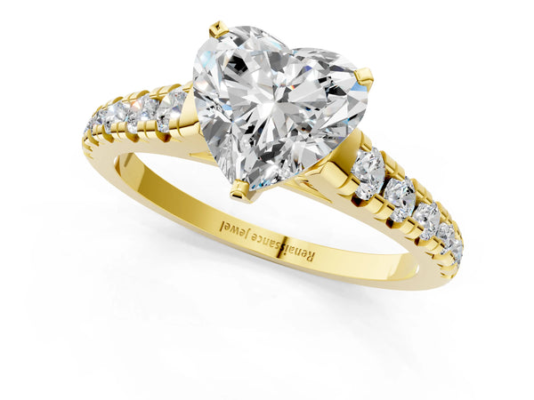 Yellow gold 2 Carat Heart Cut Diamond Cathedral Solitaire Ring with Round  Pavé Band