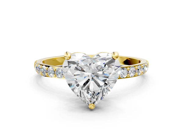 2 Carat Heart Cut Yellow gold Diamond Solitaire Ring with Round  Pavé Band and Prong Setting