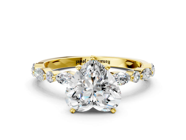 2 Carat Heart Cut Yellow gold Diamond Ring with Marquise and Round Side Stones and Four-Prong Setting