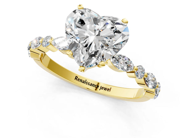 2 Carat Heart Cut Yellow gold Diamond Ring with Marquise and Round Side Stones and Four-Prong Setting