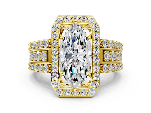 2 Carat Marquise Cut Yellow gold Halo Diamond Ring with Round  Split Shank and Prong Setting