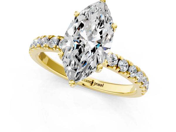 2 Carat Marquise Cut Yellow gold Diamond Pave Band Solitaire Ring with Round  and Prong Setting