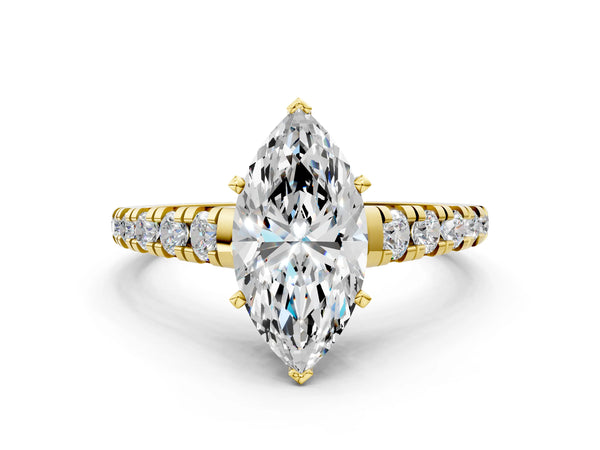 Yellow gold 2 Carat Marquise Cut Diamond Cathedral Solitaire Ring with Round  Pavé Band