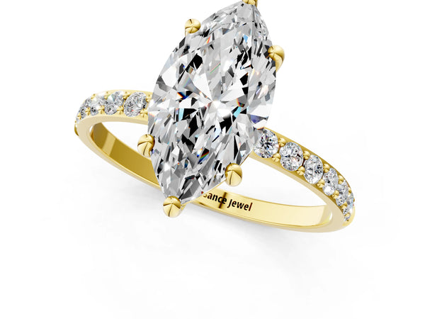 2 Carat Marquise Cut Yellow gold Diamond Solitaire Ring with Round  Pavé Band and Prong Setting