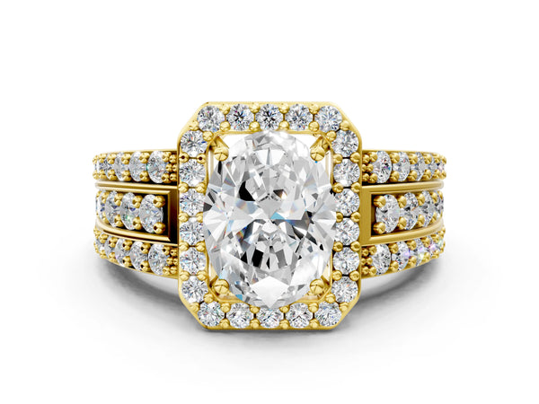 2 Carat Oval Cut Yellow gold Halo Diamond Ring with Round  Split Shank and Prong Setting